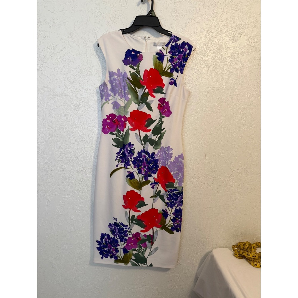 London Times White Floral Sleeveless Sheath Dress Size 8 Red Purple Blue